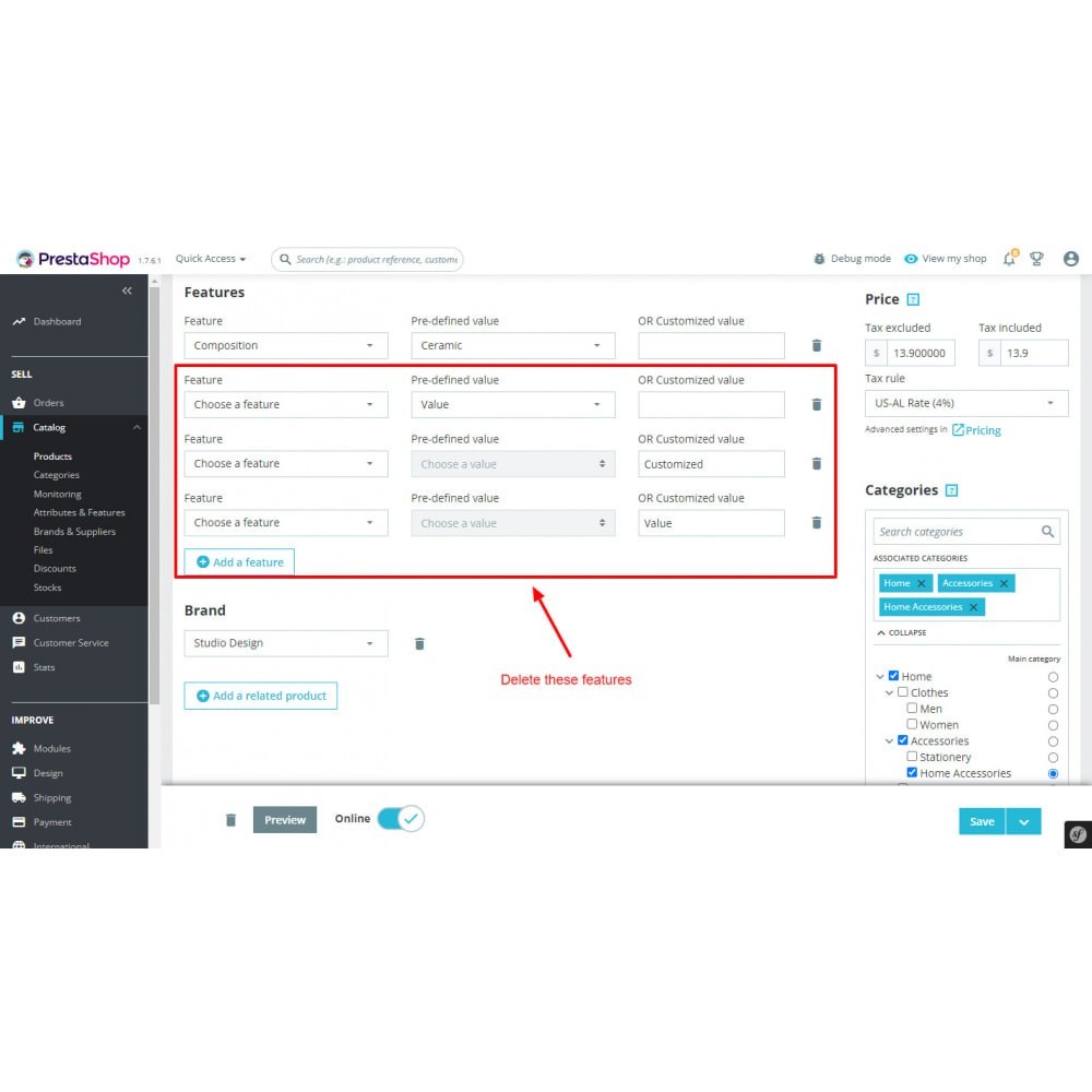 Prestashop Unused features remove in product with Customized value Prestashop Unused features remove in product with Customized value